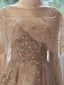 Bling Bling Champagne Transparentes Robe De Bal 2021 Princesse Encolure Carrée Sans Manches Perlage Glitter Appliques Train De Balayage Volants Dos Nu Robe De Ceremonie