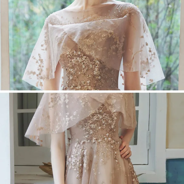 Bling Bling Champagne Transparentes Robe De Bal 2021 Princesse Encolure Carrée Sans Manches Perlage Glitter Appliques Train De Balayage Volants Dos Nu Robe De Ceremonie