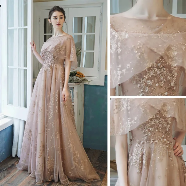 Bling Bling Champagne Transparentes Robe De Bal 2021 Princesse Encolure Carrée Sans Manches Perlage Glitter Appliques Train De Balayage Volants Dos Nu Robe De Ceremonie