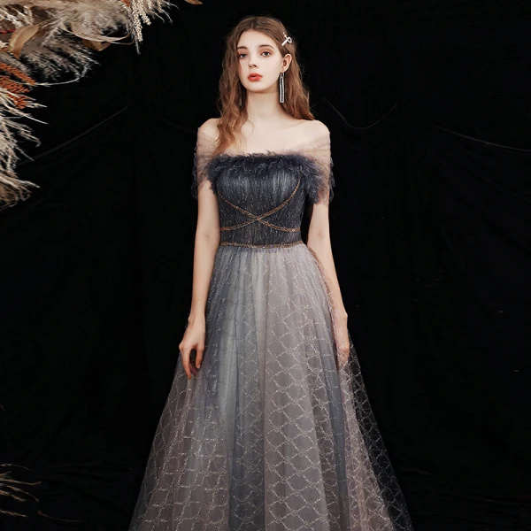 Elegant Black Grey Prom Dresses 2021 A-Line / Princess Off-The-Shoulder Short Sleeve Beading Glitter Checked Tulle Sweep Train Ruffle Backless Formal Dresses Elegant Black Grey Prom Dresses 2021 A-Line / Princess Off-The-Shoulder Short Sleeve Beading Glitter Checked Tulle Sweep Train Ruffle Backless Formal Dresses