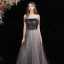 Elegant Black Grey Prom Dresses 2021 A-Line / Princess Off-The-Shoulder Short Sleeve Beading Glitter Checked Tulle Sweep Train Ruffle Backless Formal Dresses