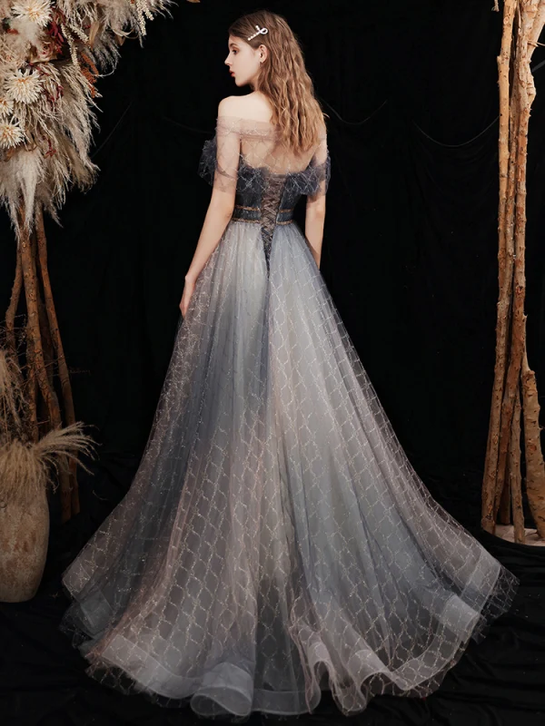 Elegant Black Grey Prom Dresses 2021 A-Line / Princess Off-The-Shoulder Short Sleeve Beading Glitter Checked Tulle Sweep Train Ruffle Backless Formal Dresses