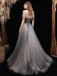 Elegant Black Grey Prom Dresses 2021 A-Line / Princess Off-The-Shoulder Short Sleeve Beading Glitter Checked Tulle Sweep Train Ruffle Backless Formal Dresses