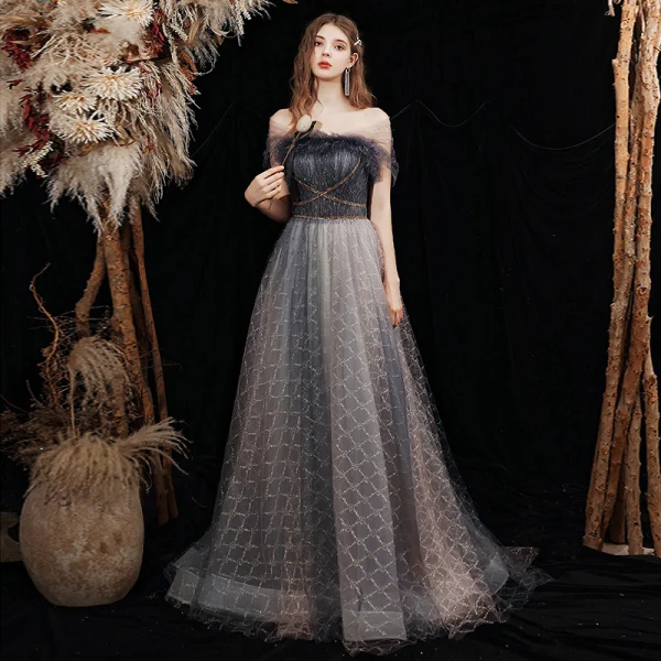 Elegant Black Grey Prom Dresses 2021 A-Line / Princess Off-The-Shoulder Short Sleeve Beading Glitter Checked Tulle Sweep Train Ruffle Backless Formal Dresses