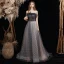 Elegant Black Grey Prom Dresses 2021 A-Line / Princess Off-The-Shoulder Short Sleeve Beading Glitter Checked Tulle Sweep Train Ruffle Backless Formal Dresses