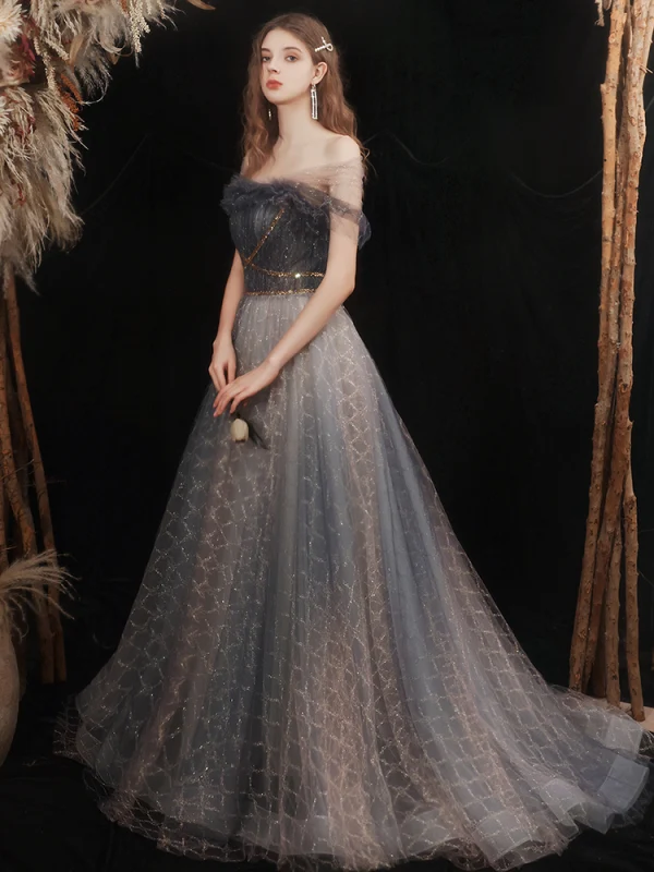 Elegant Black Grey Prom Dresses 2021 A-Line / Princess Off-The-Shoulder Short Sleeve Beading Glitter Checked Tulle Sweep Train Ruffle Backless Formal Dresses