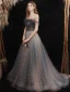 Elegant Black Grey Prom Dresses 2021 A-Line / Princess Off-The-Shoulder Short Sleeve Beading Glitter Checked Tulle Sweep Train Ruffle Backless Formal Dresses