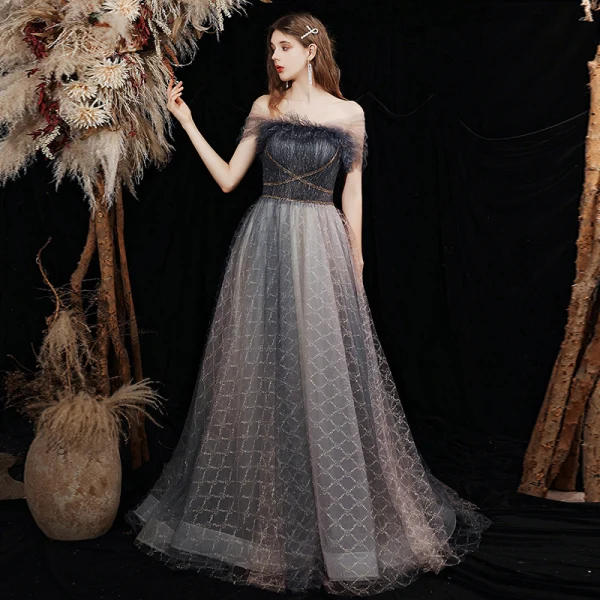 Elegant Black Grey Prom Dresses 2021 A-Line / Princess Off-The-Shoulder Short Sleeve Beading Glitter Checked Tulle Sweep Train Ruffle Backless Formal Dresses