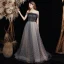 Elegant Black Grey Prom Dresses 2021 A-Line / Princess Off-The-Shoulder Short Sleeve Beading Glitter Checked Tulle Sweep Train Ruffle Backless Formal Dresses