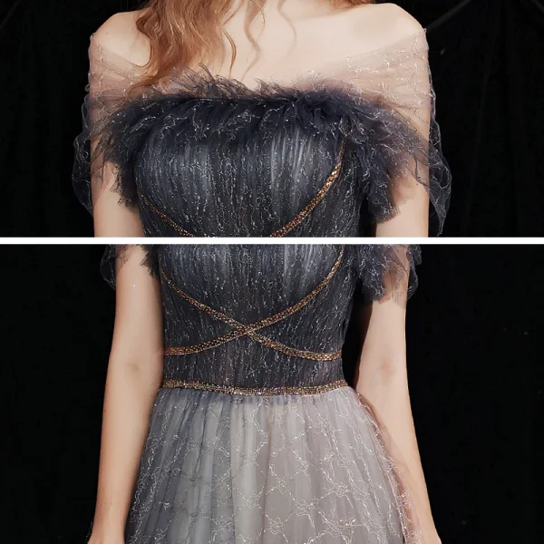 Elegant Black Grey Prom Dresses 2021 A-Line / Princess Off-The-Shoulder Short Sleeve Beading Glitter Checked Tulle Sweep Train Ruffle Backless Formal Dresses