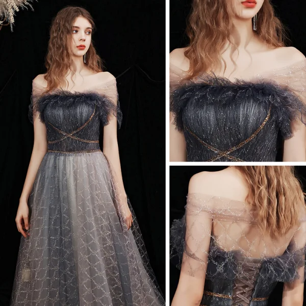 Elegant Black Grey Prom Dresses 2021 A-Line / Princess Off-The-Shoulder Short Sleeve Beading Glitter Checked Tulle Sweep Train Ruffle Backless Formal Dresses