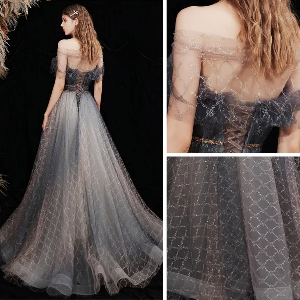 Elegant Black Grey Prom Dresses 2021 A-Line / Princess Off-The-Shoulder Short Sleeve Beading Glitter Checked Tulle Sweep Train Ruffle Backless Formal Dresses