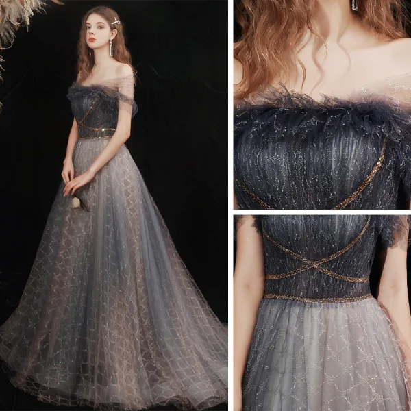 Elegant Black Grey Prom Dresses 2021 A-Line / Princess Off-The-Shoulder Short Sleeve Beading Glitter Checked Tulle Sweep Train Ruffle Backless Formal Dresses