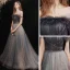Elegant Black Grey Prom Dresses 2021 A-Line / Princess Off-The-Shoulder Short Sleeve Beading Glitter Checked Tulle Sweep Train Ruffle Backless Formal Dresses
