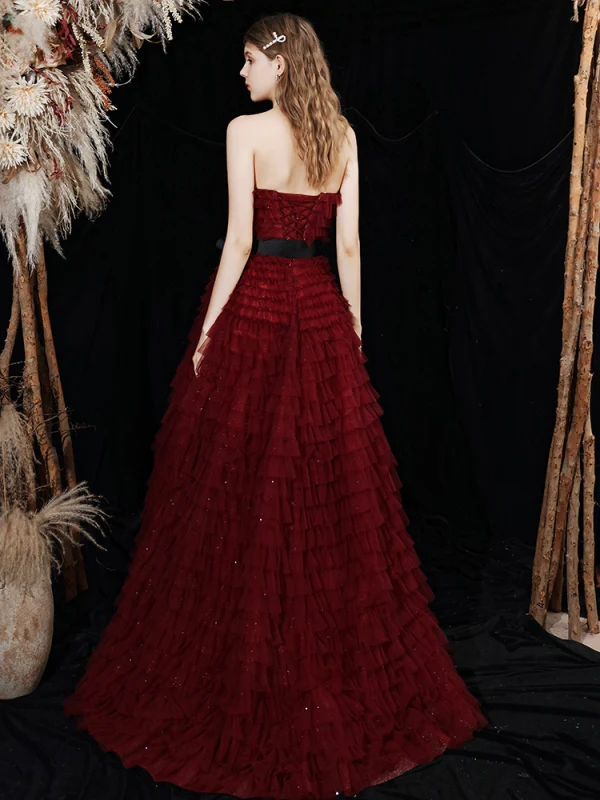 Chic / Belle Bordeaux Robe De Soirée 2021 Princesse Bustier Sans Manches Ceinture Glitter Tulle Train De Balayage Volants en Cascade Dos Nu Robe De Ceremonie