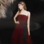 Chic / Belle Bordeaux Robe De Soirée 2021 Princesse Bustier Sans Manches Ceinture Glitter Tulle Train De Balayage Volants en Cascade Dos Nu Robe De Ceremonie