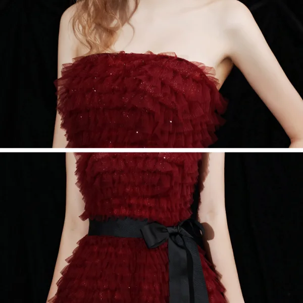 Chic / Belle Bordeaux Robe De Soirée 2021 Princesse Bustier Sans Manches Ceinture Glitter Tulle Train De Balayage Volants en Cascade Dos Nu Robe De Ceremonie