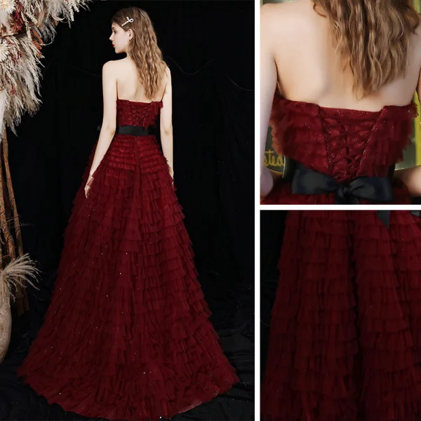 Chic / Belle Bordeaux Robe De Soirée 2021 Princesse Bustier Sans Manches Ceinture Glitter Tulle Train De Balayage Volants en Cascade Dos Nu Robe De Ceremonie