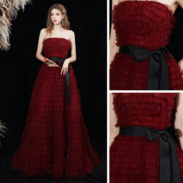 Chic / Belle Bordeaux Robe De Soirée 2021 Princesse Bustier Sans Manches Ceinture Glitter Tulle Train De Balayage Volants en Cascade Dos Nu Robe De Ceremonie