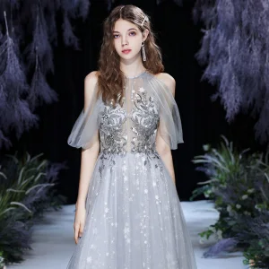 Illusion Grey See Through Dancing Prom Dresses 2021 A Line Princess Scoop Neck Sleeveless Sequins Beading Glitter Star Tulle Sweep Train Ruffle Backless Formal Dresses