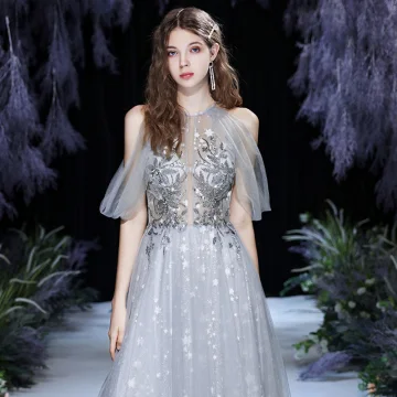 Illusion Grey See Through Dancing Prom Dresses 2021 A Line Princess Scoop Neck Sleeveless Sequins Beading Glitter Star Tulle Sweep Train Ruffle Backless Formal Dresses