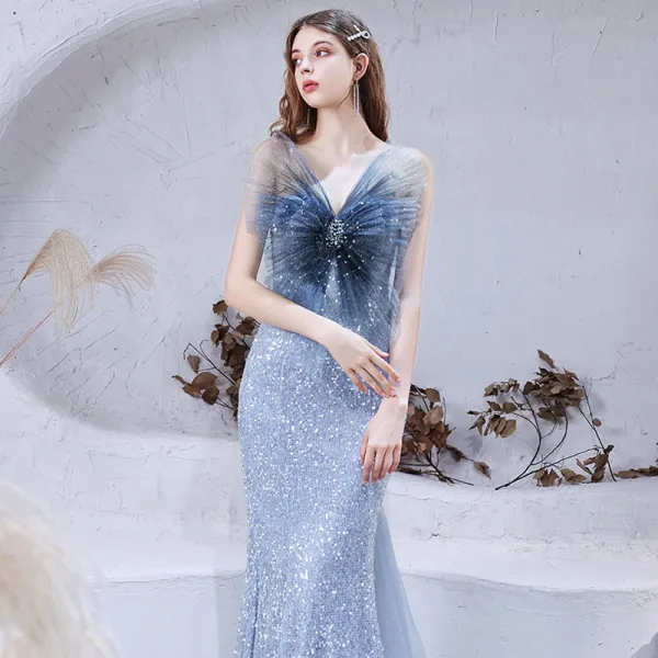 Sparkly Sky Blue Red Carpet Evening Dresses  2021 Trumpet / Mermaid Sweetheart Sleeveless Sequins Beading Glitter Tulle Watteau Train Ruffle Backless Formal Dresses