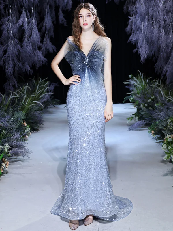 Sparkly Himmelen Blå Rødt teppe Selskapskjoler 2021 Trompet / Havfrue Kjæreste Uten Ermer Paljetter Beading Glitter Tyll Watteau Train Buste Ryggløse Formelle Kjoler