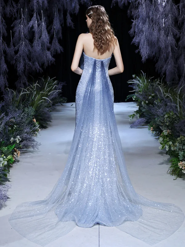 Sparkly Himmelen Blå Rødt teppe Selskapskjoler 2021 Trompet / Havfrue Kjæreste Uten Ermer Paljetter Beading Glitter Tyll Watteau Train Buste Ryggløse Formelle Kjoler