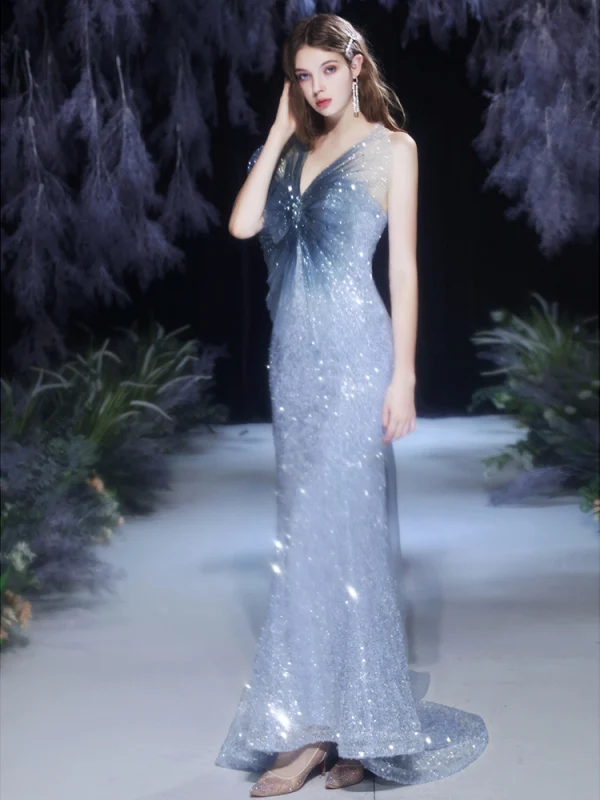 Sparkly Himmelen Blå Rødt teppe Selskapskjoler 2021 Trompet / Havfrue Kjæreste Uten Ermer Paljetter Beading Glitter Tyll Watteau Train Buste Ryggløse Formelle Kjoler
