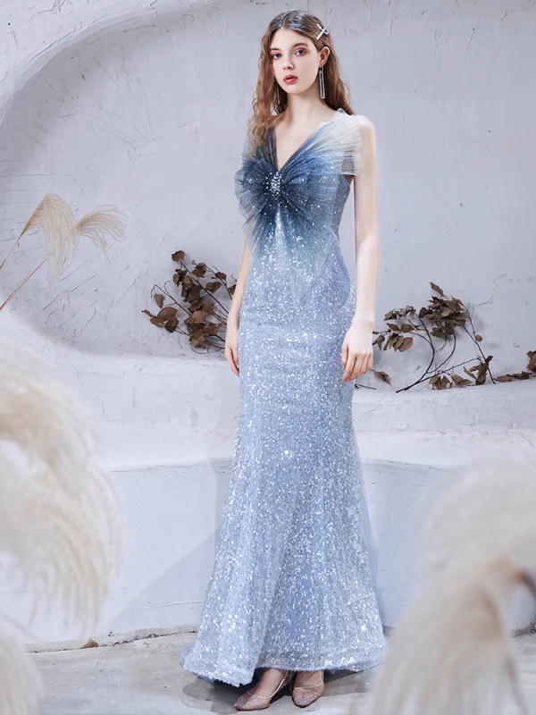 Sparkly Himmelen Blå Rødt teppe Selskapskjoler 2021 Trompet / Havfrue Kjæreste Uten Ermer Paljetter Beading Glitter Tyll Watteau Train Buste Ryggløse Formelle Kjoler