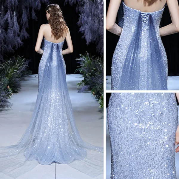 Sparkly Himmelen Blå Rødt teppe Selskapskjoler 2021 Trompet / Havfrue Kjæreste Uten Ermer Paljetter Beading Glitter Tyll Watteau Train Buste Ryggløse Formelle Kjoler