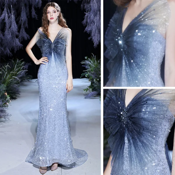 Sparkly Himmelen Blå Rødt teppe Selskapskjoler 2021 Trompet / Havfrue Kjæreste Uten Ermer Paljetter Beading Glitter Tyll Watteau Train Buste Ryggløse Formelle Kjoler