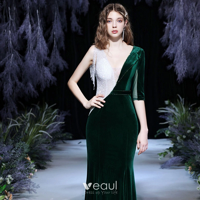 On Sale no return no refundSale Navy Blue Beading Tassel Velour Evening Dresses 2025 Dubai Deep-V Sleeveless Sexy Evening Gowns LA6351