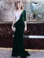 Sexy Vert Foncé Hiver Transparentes Velour Robe De Soirée 2021 Trompette / Sirène Col v profond 1/2 Manches Perlage Gland Train De Balayage Volants Dos Nu Robe De Ceremonie