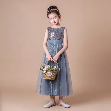 Sparkly Grå Paljetter Bursdag Blomsterpikekjoler 2021 Prinsesse Scoop Halsen Uten Ermer Ryggløse Sash Ankel Lengde Buste