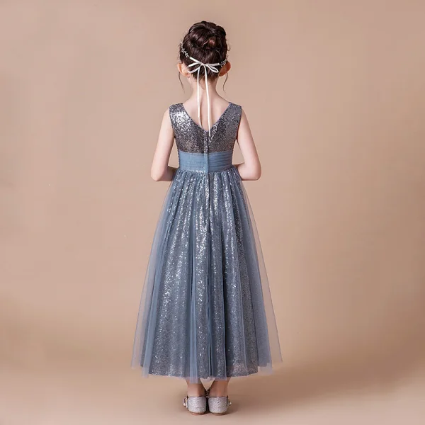 Sparkly Grey Sequins Birthday Flower Girl Dresses 2021 A-Line / Princess Scoop Neck Sleeveless Backless Sash Ankle Length Ruffle