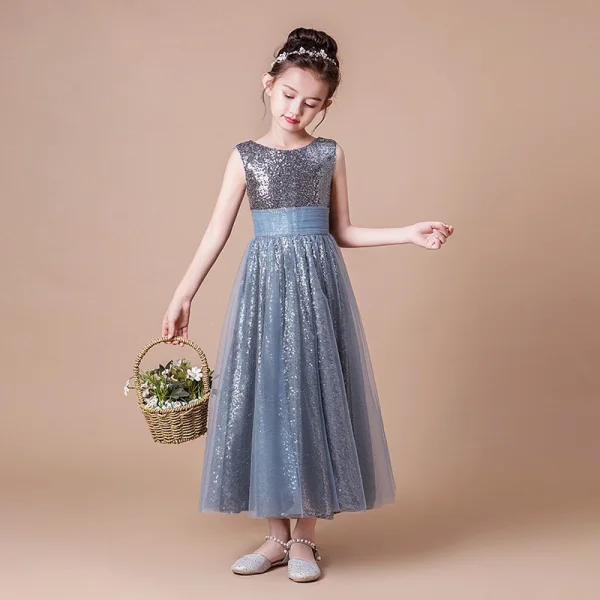 Sparkly Grey Sequins Birthday Flower Girl Dresses 2021 A-Line / Princess Scoop Neck Sleeveless Backless Sash Ankle Length Ruffle