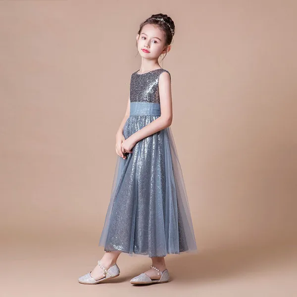 Sparkly Grey Sequins Birthday Flower Girl Dresses 2021 A-Line / Princess Scoop Neck Sleeveless Backless Sash Ankle Length Ruffle