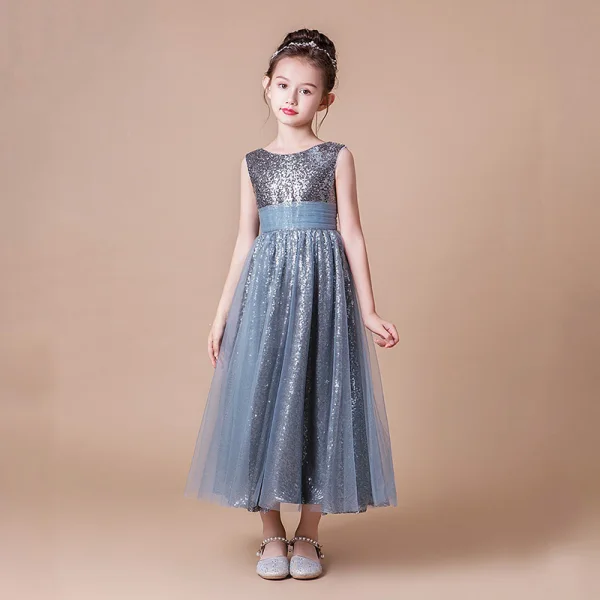 Sparkly Grey Sequins Birthday Flower Girl Dresses 2021 A-Line / Princess Scoop Neck Sleeveless Backless Sash Ankle Length Ruffle