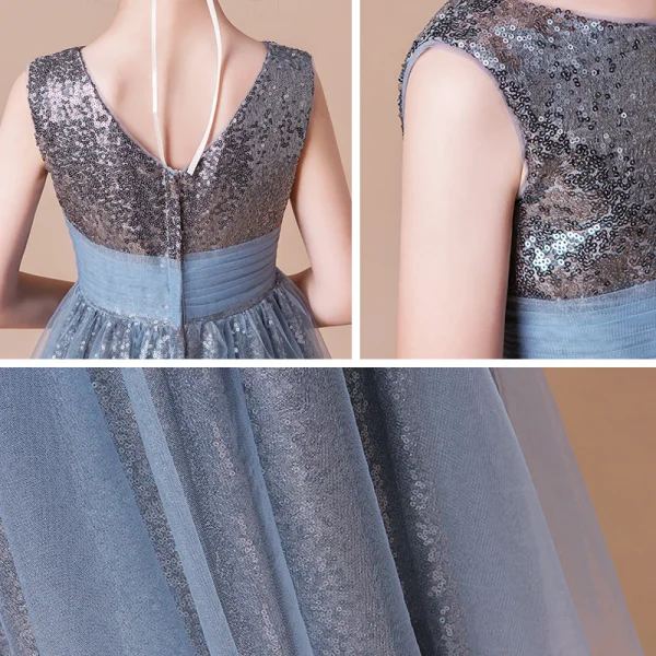 Sparkly Grey Sequins Birthday Flower Girl Dresses 2021 A-Line / Princess Scoop Neck Sleeveless Backless Sash Ankle Length Ruffle