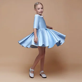 Minimalist Sky Blue Satin Birthday Flower Girl Dresses 2021 Ball Gown Scoop Neck 1 2 Sleeves Short Ruffle