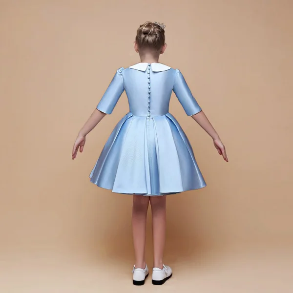 Minimalist Sky Blue Satin Birthday Flower Girl Dresses 2021 Ball Gown Scoop Neck 1/2 Sleeves Short Ruffle