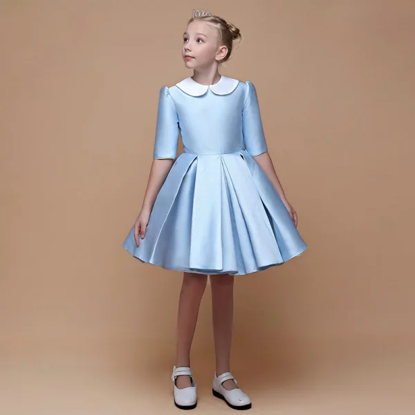 Minimalist Sky Blue Satin Birthday Flower Girl Dresses 2021 Ball Gown Scoop Neck 1/2 Sleeves Short Ruffle