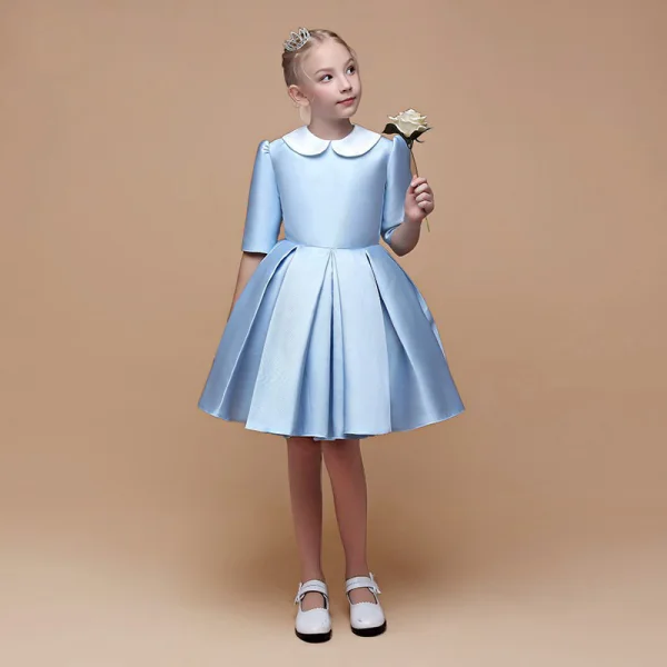 Minimalist Sky Blue Satin Birthday Flower Girl Dresses 2021 Ball Gown Scoop Neck 1/2 Sleeves Short Ruffle