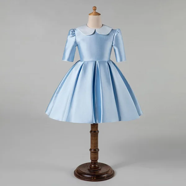 Minimalist Sky Blue Satin Birthday Flower Girl Dresses 2021 Ball Gown Scoop Neck 1/2 Sleeves Short Ruffle