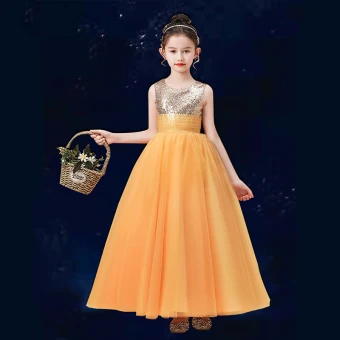Mode Orange Anniversaire Robe Ceremonie Fille 2021 Robe Boule Encolure Dégagée Sans Manches Paillettes Longue Volants