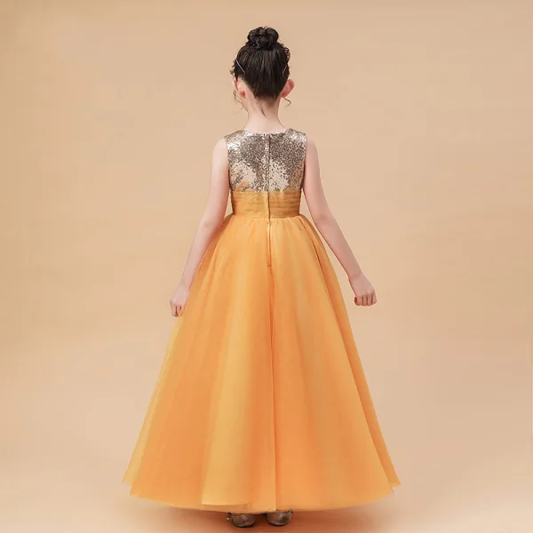 Fashion Orange Birthday Flower Girl Dresses 2021 Ball Gown Scoop Neck Sleeveless Sequins Floor-Length / Long Ruffle