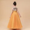Fashion Orange Birthday Flower Girl Dresses 2021 Ball Gown Scoop Neck Sleeveless Sequins Floor-Length / Long Ruffle