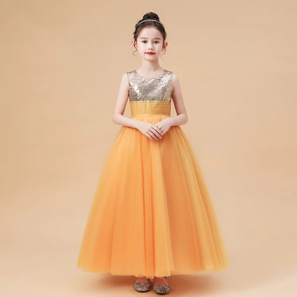 Fashion Orange Birthday Flower Girl Dresses 2021 Ball Gown Scoop Neck Sleeveless Sequins Floor-Length / Long Ruffle