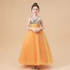 Mode Orange Anniversaire Robe Ceremonie Fille 2021 Robe Boule Encolure Dégagée Sans Manches Paillettes Longue Volants